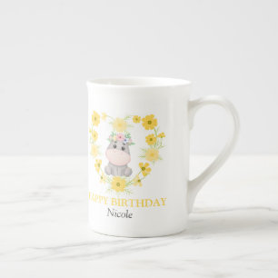 Cute Hippopotamus Yellow Flower Heart Birthday Bone China Mug