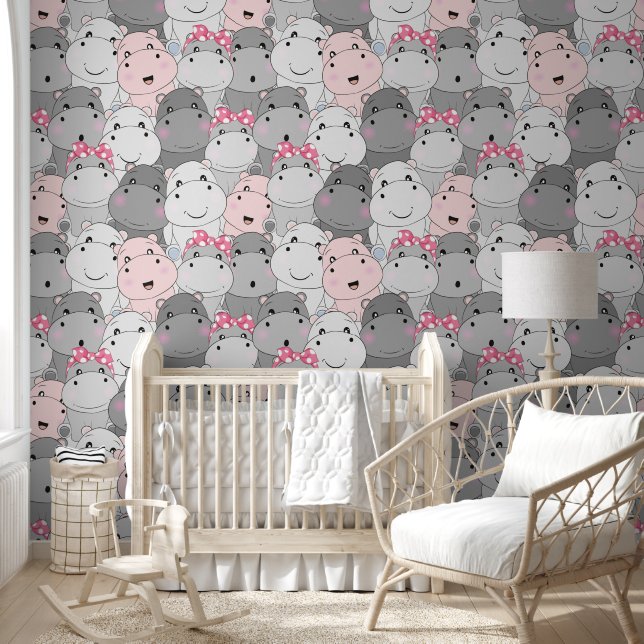 Cute Hippos Pattern Nursery Wallpaper (Kids)