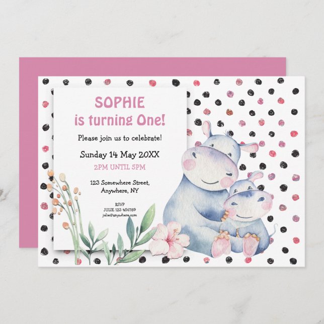 Cute Hippos Pink Dots Girls First Birthday Party Invitation (Front/Back)