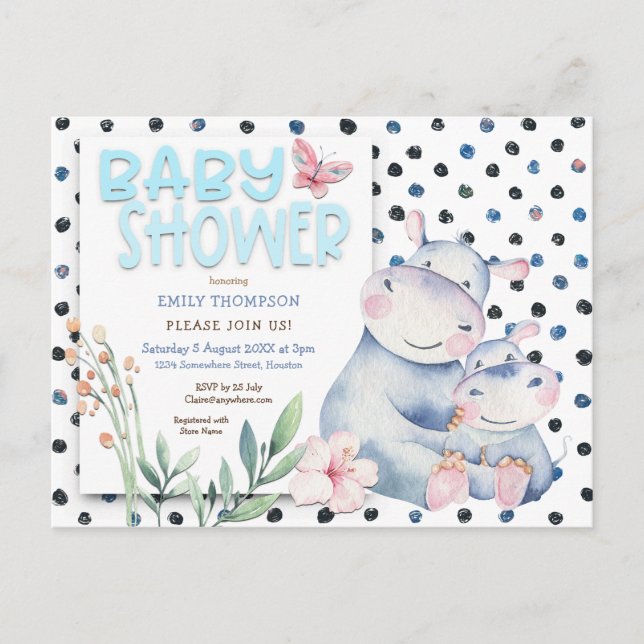 Cute Hippos Polka Dots Blue Baby Shower Invitation Postcard (Front)