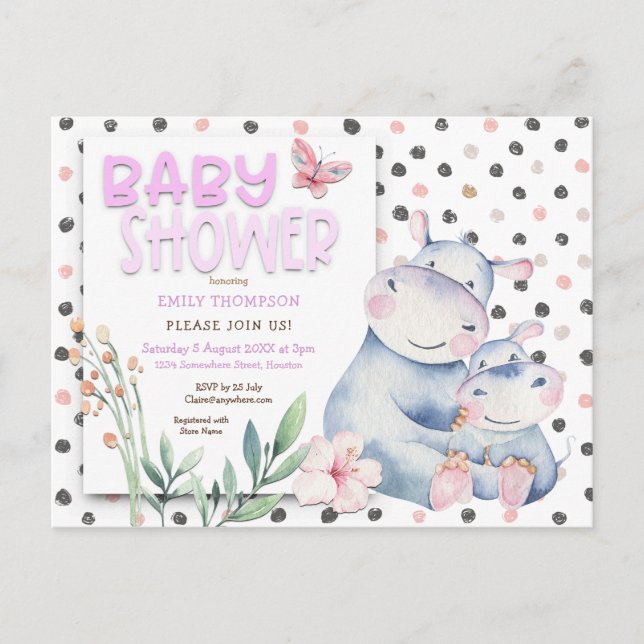 Cute Hippos Polka Dots Pink Baby Shower Invitation Postcard (Front)