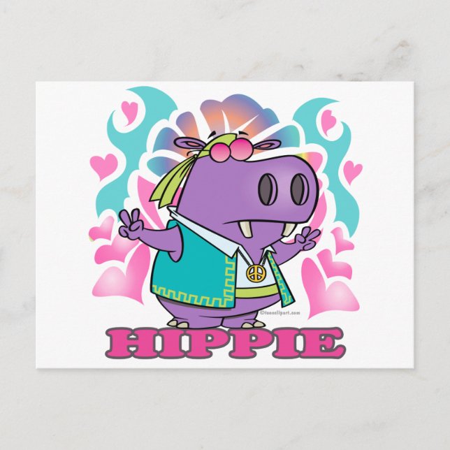 cute hippy hippie hippo cartoon with text postcard (Front)
