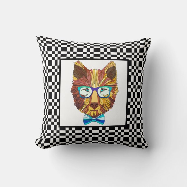 Cute Hipster Bear on B&W Chequerboard Cushion (Front)