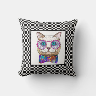 Cute Hipster Cat on B&W Chequerboard Cushion