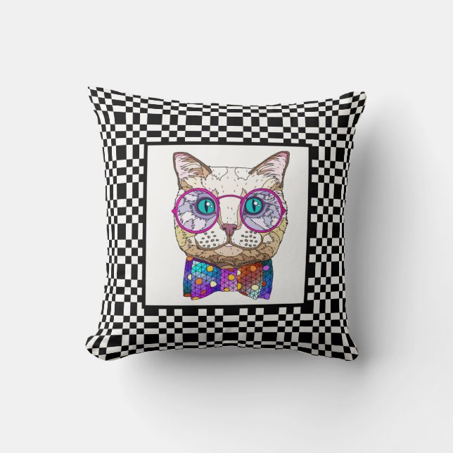 Cute Hipster Cat on B&W Chequerboard Cushion (Front)
