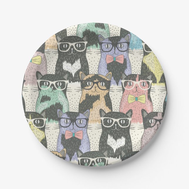 Cute Hipster Cats Pattern Paper Plate (Front)