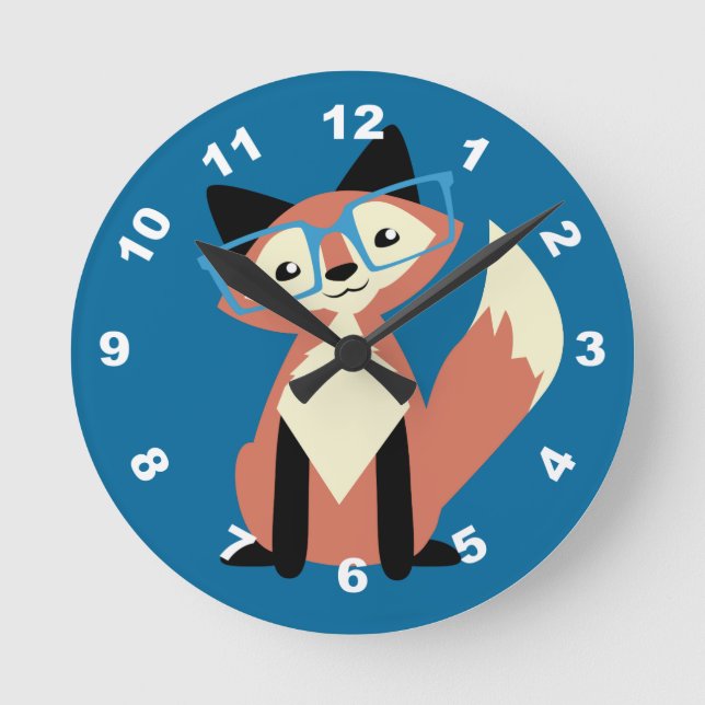 Cute Hipster Glasses Fox Round Clock (Front)
