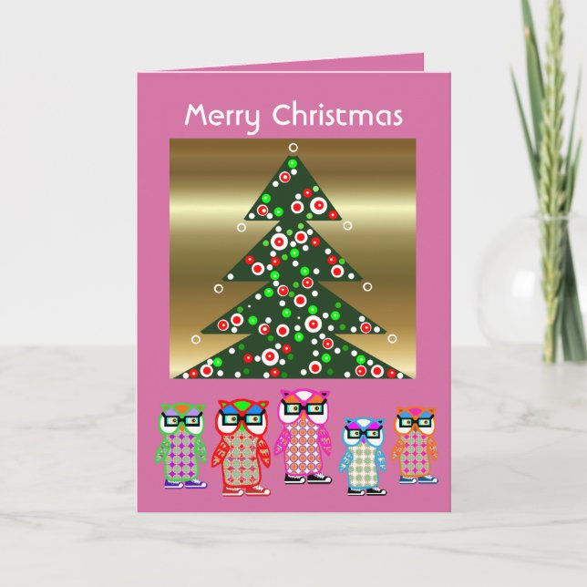 Cute Hipster Owl Christmas Cards Happy Holidays (Front)
