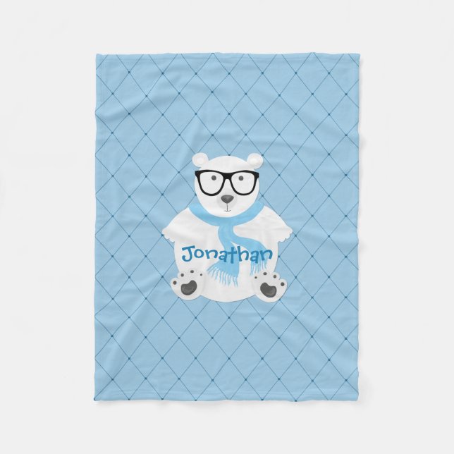 Cute Hipster Polar Bear Blue Personalised Fleece Blanket (Front)