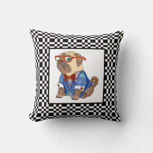 Cute Hipster Pug on B&W Chequerboard Cushion