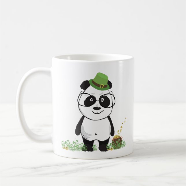 Cute Hipster St Patricks Day Panda Bear Drawing Coffee Mug (Left)