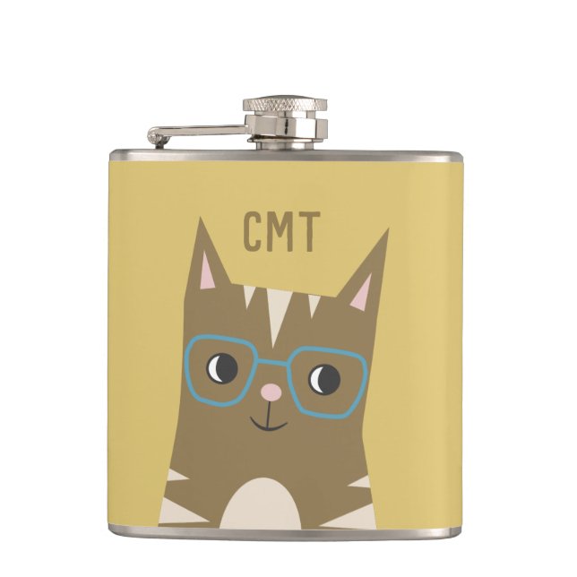 Cute Hipster Tabby Cat with Glasses | Monogram Hip Flask (Front)