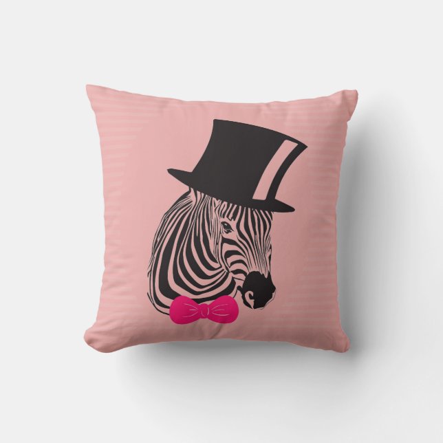 Cute Hipster Zebra with pink bow tie and top hat Cushion (Front)