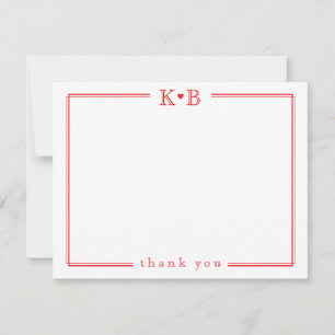 Cute His Hers Initials Red Heart Thank You Card