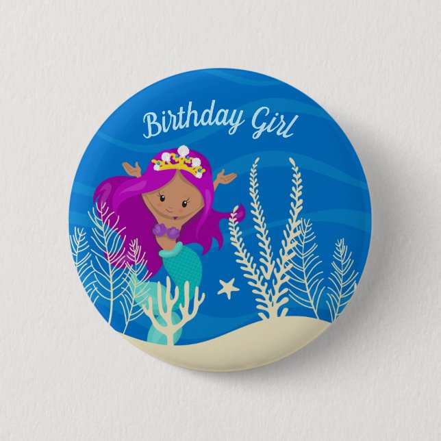 Cute Hispanic Mermaid Birthday Girl Monogram Ocean 6 Cm Round Badge (Front)