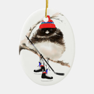 Cute Hockey Bird in Hat, Christmas Humour, Junco Ceramic Ornament