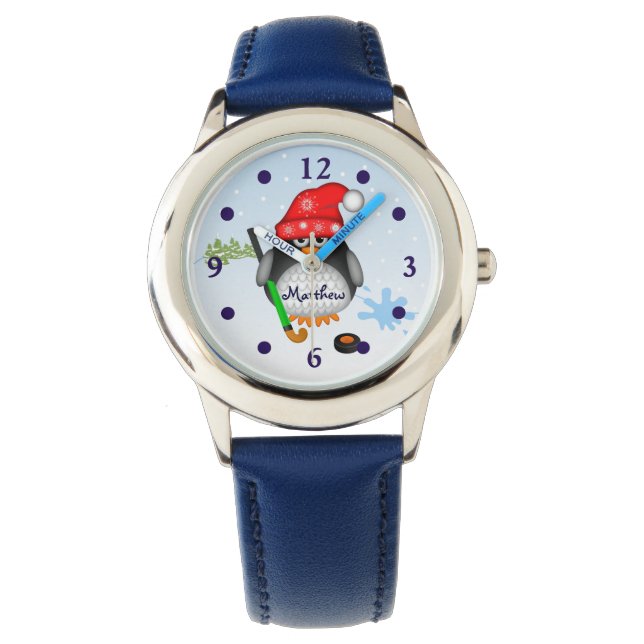 Cute Hockey penguin with custom Name Watch (Front)