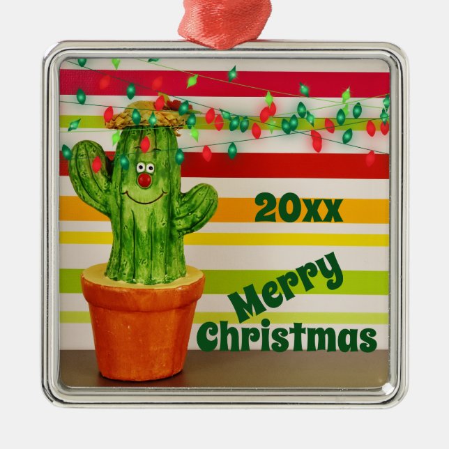 Cute Holiday Cactus Southwestern Merry Christmas Metal Ornament (Front)