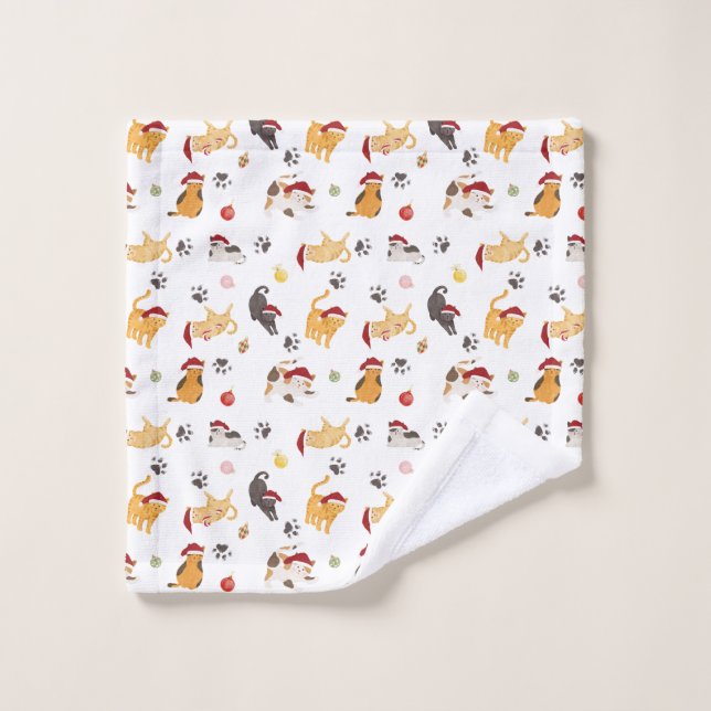 Cute Holiday Cat Pattern Bath Towel Set (Wash Cloth)