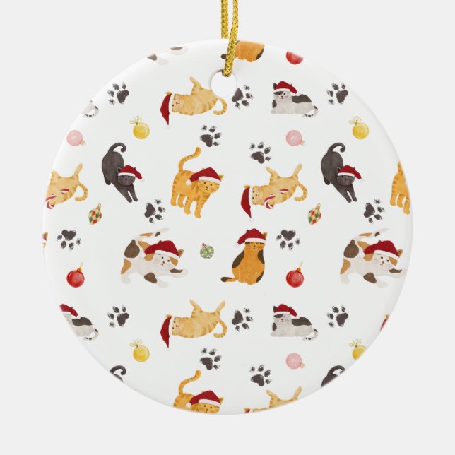 Cute Holiday Cat Pattern Ceramic Ornament (Front)