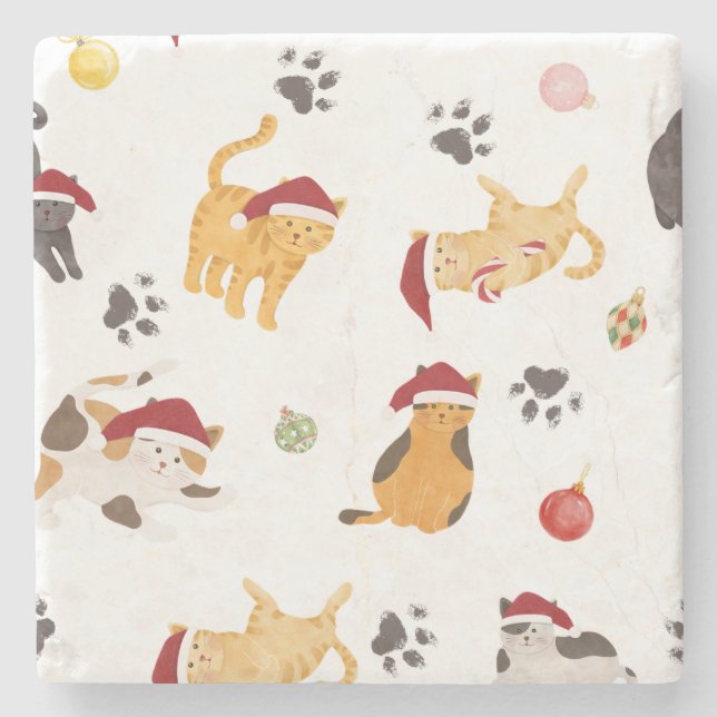 Cute Holiday Cat Pattern Stone Coaster (Front)