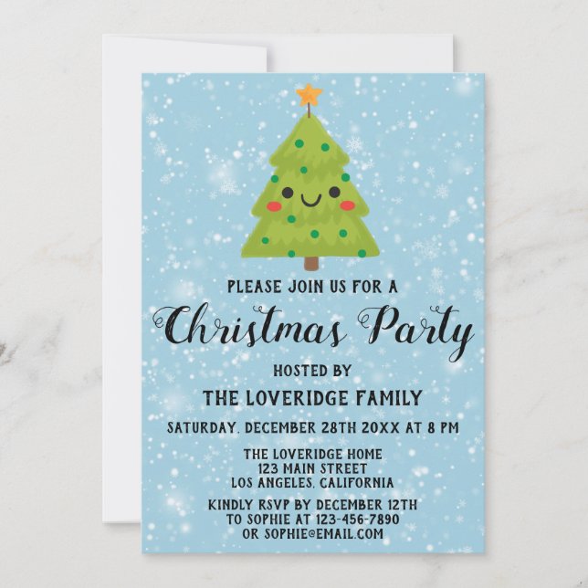 Cute Holiday Christmas Party Green Tree Blue Snow Invitation (Front)