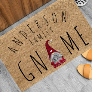 Cute Holiday Christmas Plaid Family Welcome Gnome Doormat