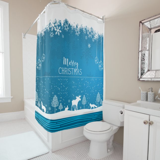 Cute Holiday Christmas Winter Snowflake Pattern Shower Curtain (In Situ)