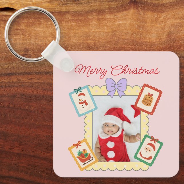 Cute Holiday Collage with Festive Pastel Frames Key Ring (Front)