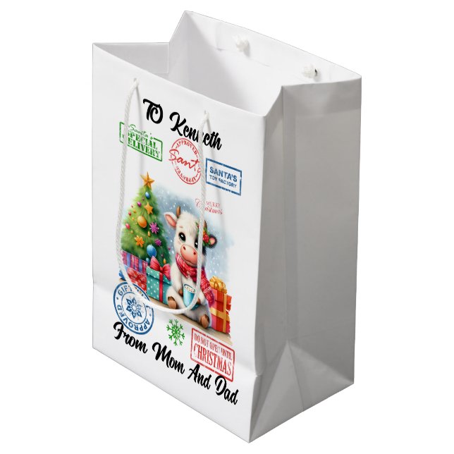 Cute Holiday Cow With Gifts and Festive Atmosphere Medium Gift Bag (Front Angled)