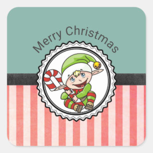 Cute Holiday Elf with Candy Cane Merry Christmas Square Sticker