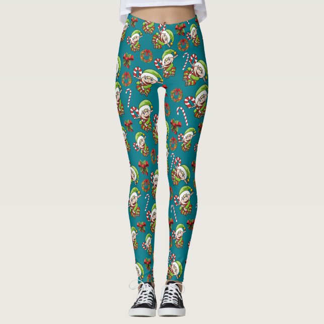 Cute Holiday Elf with Decorative Christmas Designs Leggings (Front)