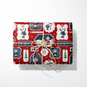 Cute Holiday Eskimo Tags Red Wrapping Paper
