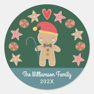 Cute Holiday Gingerbread Boy Cookie Green Monogram Classic Round Sticker