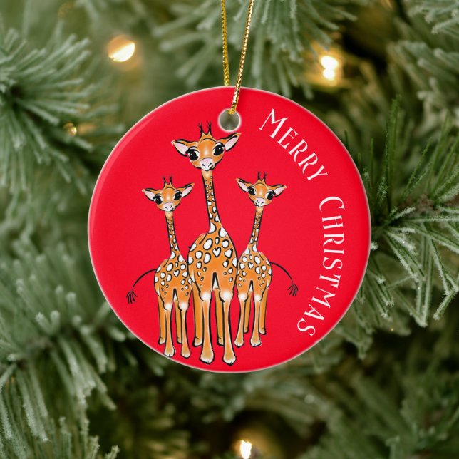 Cute Holiday Giraffe family drawing safari animal Ceramic Ornament (Tree)
