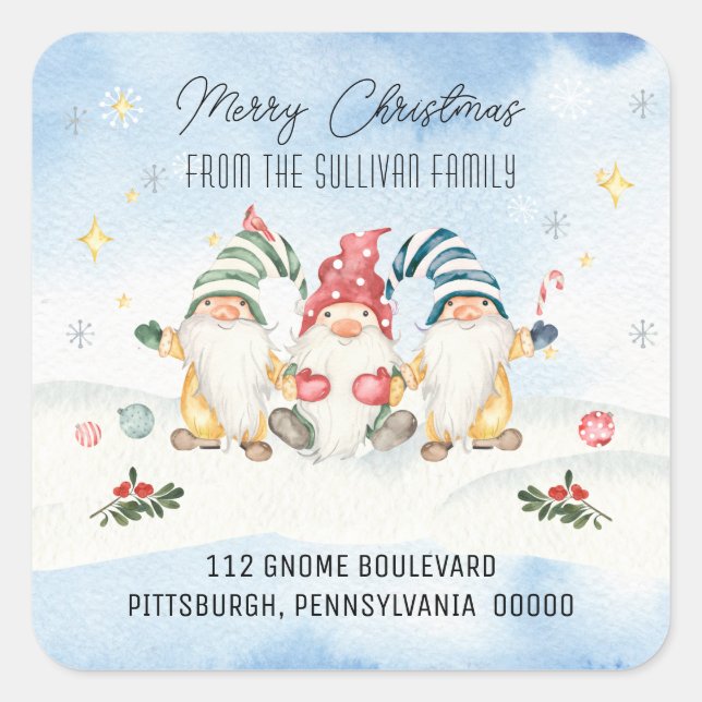Cute Holiday Gnomes Merry Christmas Return Address Square Sticker (Front)