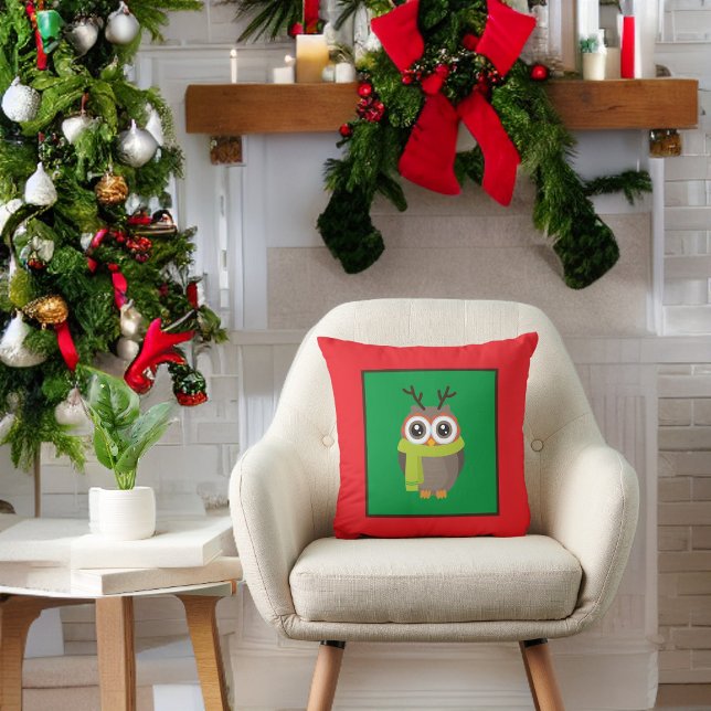 Cute Holiday Owl on Green and Red Cushion (Creator Uploaded)
