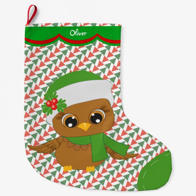 Cute Holiday Owl Pattern Personalised Large Christmas Stocking (Front)