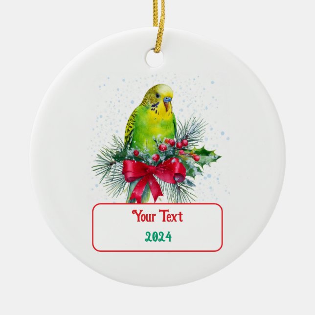 Cute Holiday Parakeet and Christmas Bow Ceramic Ornament (Front)