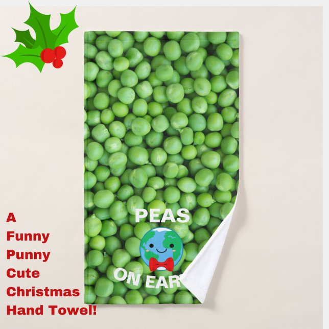Cute Holiday "Peas on Earth" Guest Hand Towel (Deck the Halls (of your bathroom) with this cute, funny, festive and punny Christmas hand towel!)
