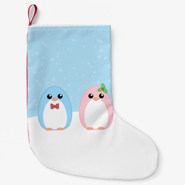 Cute Holiday Penguin Couple Small Christmas Stocking (Front)