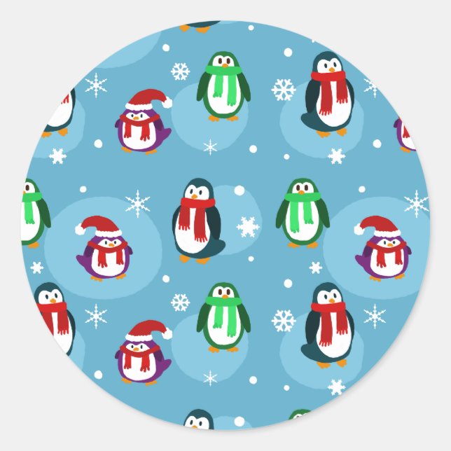 Cute Holiday Penguin Pattern Classic Round Sticker (Front)