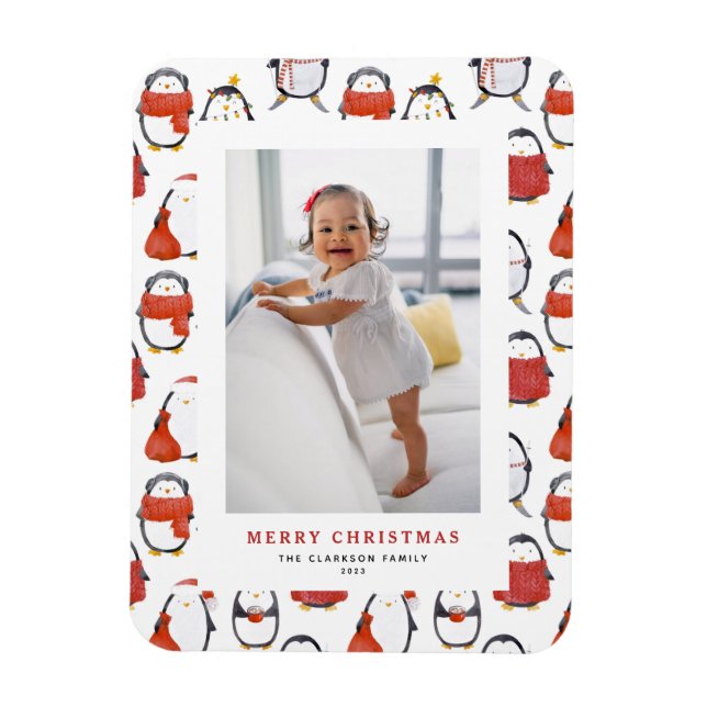 Cute Holiday Penguins Pattern Christmas Photo Magnet (Vertical)
