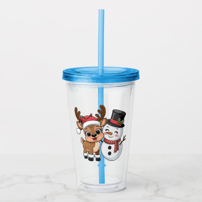Cute Holiday Reindeer & Snowman Acrylic Tumbler (Front)