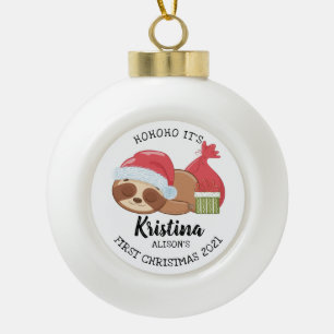 Cute Holiday Sloth Baby's First Christmas Ceramic Ball Christmas Ornament