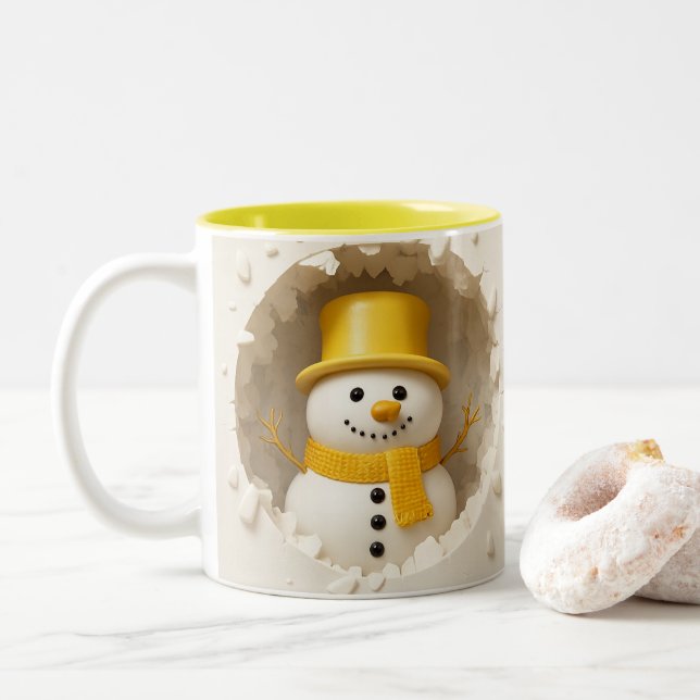 Cute Holiday Snowman Art, Festive Winter  Two-Tone Coffee Mug (With Donut)