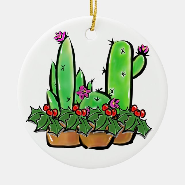 Cute holiday Xmas Cactus cacti succulents  Ceramic Ornament (Front)