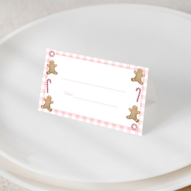 Cute Holidays Christmas Cookie Swap Buffet Food Pl Place Card (Cute pink gingham and gingerbread man candy canes holiday place card or buffet card or food cards)