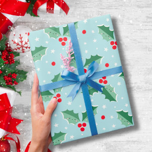 Cute Holly Berries Christmas light blue Wrapping Paper