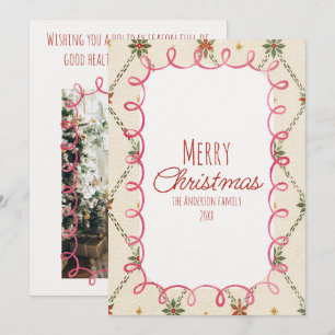 Cute Holly Berries Pink Frame Merry Christmas Holiday Card